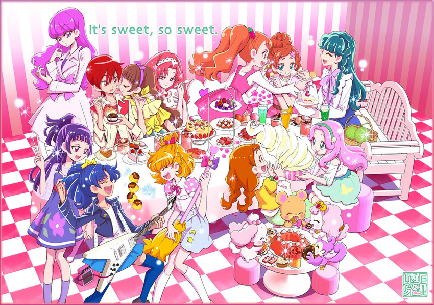 :d akagi_towa amanogawa_kirara arisugawa_himari aroma_(go!_princess_precure) asahina_mirai bear bench bird blonde_hair blue_eyes blue_hair border braid broom brown_eyes brown_hair cake cheek_licking closed_eyes coat commentary_request crown_braid dog dress eating english face_licking food go!_princess_precure green_eyes guitar hairband half_updo hanami_kotoha haruno_haruka instrument izayoi_liko jacket kaidou_minami kamikita_futago kenjou_akira kirakira_precure_a_la_mode kotozume_yukari licking long_hair long_sleeves mahou_girls_precure! mofurun_(mahou_girls_precure!) multiple_girls official_art open_mouth orange_hair pekorin_(precure) pie pink_hair ponytail precure pudding puff_(go!_princess_precure) puffy_short_sleeves puffy_sleeves purple_eyes purple_hair red_eyes red_hair short_hair short_sleeves skirt smile sparkle stuffed_animal stuffed_toy surprised sweets tategami_aoi teddy_bear text_focus twin_braids twintails unconventional_guitar usami_ichika