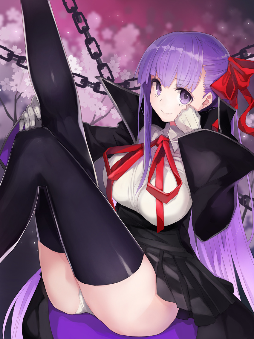ass bangs bb_(fate)_(all) bb_(fate/extra_ccc) black_legwear black_skirt blurry blurry_background breasts chain closed_mouth commentary_request eyebrows_visible_through_hair fate/extra fate/extra_ccc fate_(series) flower gloves hair_ribbon half_updo hand_on_own_chin high-waist_skirt highres large_breasts leg_up legs_up long_hair long_sleeves looking_at_viewer md5_mismatch panties pantyshot pantyshot_(sitting) pleated_skirt popped_collar purple_background purple_eyes purple_hair red_ribbon ribbon shirt sitting skirt smile solo straight_hair taishi_(picchiridou) thighhighs thighs underwear upskirt very_long_hair white_gloves white_panties white_shirt wide_sleeves