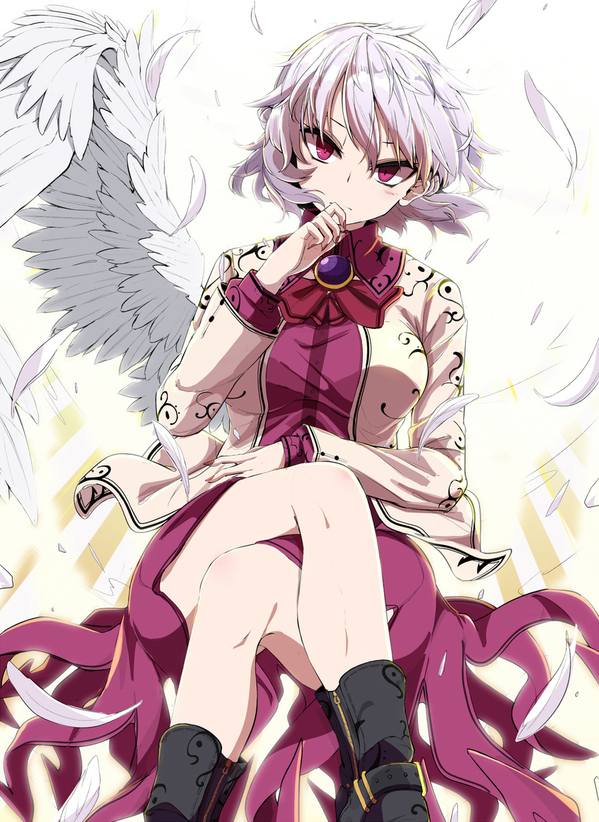 black_footwear boots breasts brooch crossed_legs dress feathered_wings feathers head_tilt highres jacket jewelry kishin_sagume long_sleeves looking_at_viewer medium_breasts nail_polish purple_dress red_eyes rihito_(usazukin) short_dress silver_hair simple_background single_wing solo touhou tsurime white_background white_wings wings