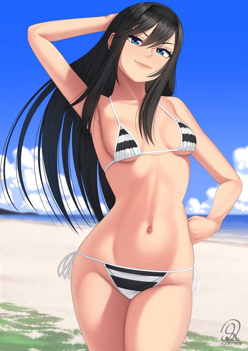 1girl alternate_costume beach bikini black_hair black_hairband blue_eyes blue_sky breasts hair_between_eyes hairband hand_on_own_hip highres long_hair looking_at_viewer multicolored_swimsuit ocean open_mouth rocky-ace sky small_breasts smile solo swimsuit tohno_akiha tsukihime