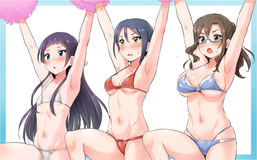 :o amagi_brilliant_park armpits arms_up bikini black_hair blue_bikini blue_border blue_eyes blue_hair blush border bow_bikini breasts brown_eyes brown_hair cheerleader chestnut_mouth commentary_request flat_chest front-tie_top glasses green_eyes groin kouzuki_sanae large_breasts medium_breasts midorikawa_maki mole mole_under_eye multiple_girls navel open_mouth oribe_ririko parody pom_poms red_bikini sakura_quest simple_background string_bikini sweatdrop swimsuit swimwear v-shaped_eyebrows wavy_mouth white_bikini zanzi