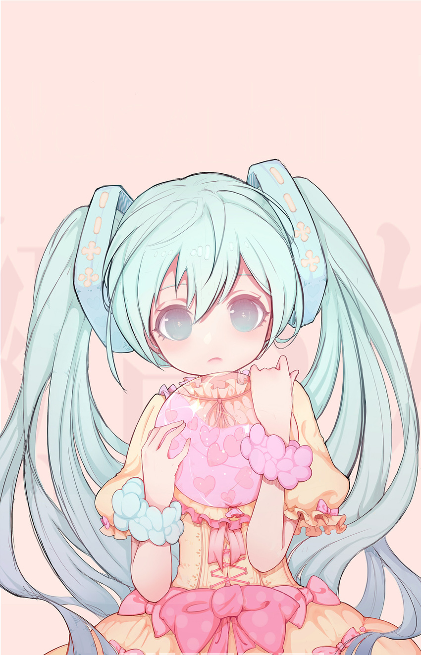 alternate_costume aqua_hair balloon blue_eyes blush bow cross-laced_clothes hair_between_eyes hatsune_miku head_tilt heart highres holding kiyomasa_ren large_bow lolita_fashion long_hair looking_at_viewer neck_ribbon open_mouth pink_background pink_bow pink_ribbon puffy_short_sleeves puffy_sleeves ribbon ribbon-trimmed_clothes ribbon-trimmed_sleeves ribbon_trim shawl shirt short_sleeves skirt skirt_set solo twintails upper_body very_long_hair vocaloid water_balloon wrist_cuffs yellow_shirt yellow_skirt