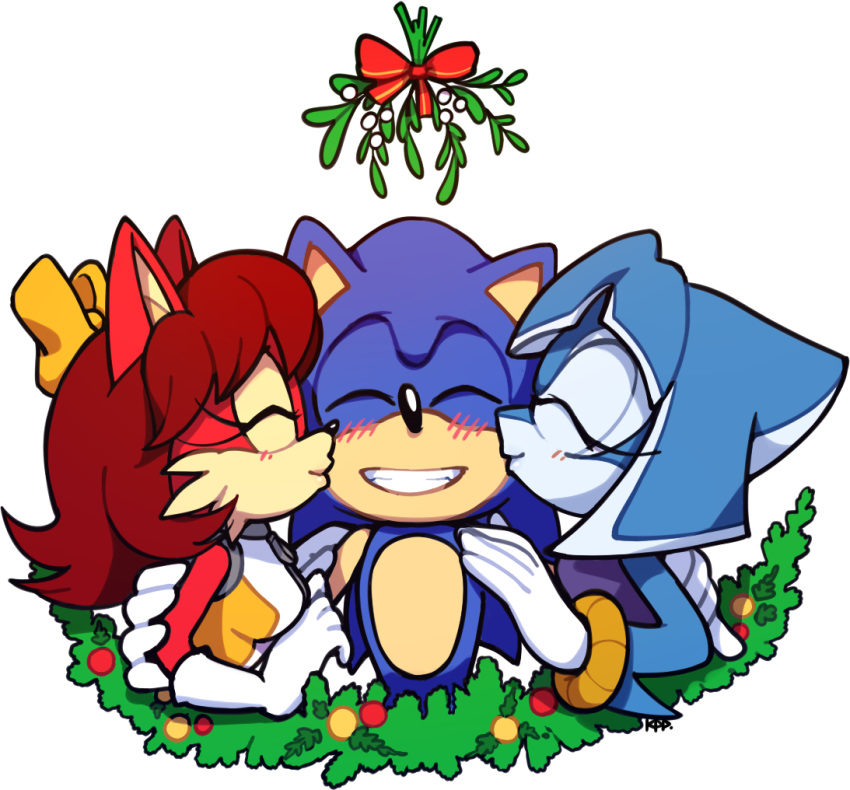 anthro anthro_on_anthro blush bow bracelet breasts canine cetacean christmas dolphin eulipotyphlan eyes_closed female fiona_fox fox group hair happy hedgehog holidays jewelry ketrindarkdragon kissing male male/female mammal marine red_hair smile sonic_(series) sonic_the_hedgehog tempest_the_dolphin
