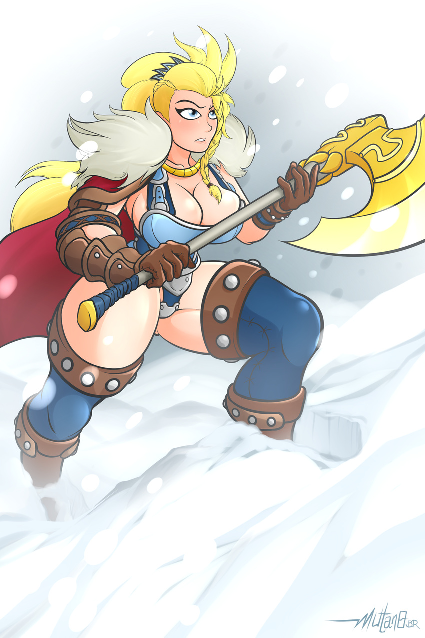 1girl axe bikini_armor blizzard blonde_hair blue_eyes breasts cleavage curvy large_breasts long_hair mutanobr parted_lips solo standing thick_thighs thighhighs