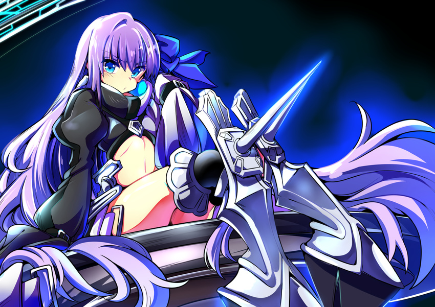 :/ armor armored_boots baba_(baba_seimaijo) bangs blue_eyes boots closed_mouth commentary_request fate/extra fate/extra_ccc fate/grand_order fate_(series) hair_ribbon highres juliet_sleeves long_hair long_sleeves looking_at_viewer meltlilith midriff navel puffy_sleeves purple_hair revealing_clothes ribbon sitting solo stomach v-shaped_eyebrows very_long_hair