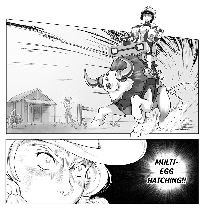 androgynous braid building comic cowboy_hat day densha_de_d egg english faceless fence gameplay_mechanics gen_1_pokemon grass greyscale hat helmet highres meme metalmorag monochrome motion_lines multi-track_drifting outdoors overalls parody pokemon pokemon_(creature) pokemon_(game) pokemon_breeder_(pokemon) standing stirrups tauros twin_braids