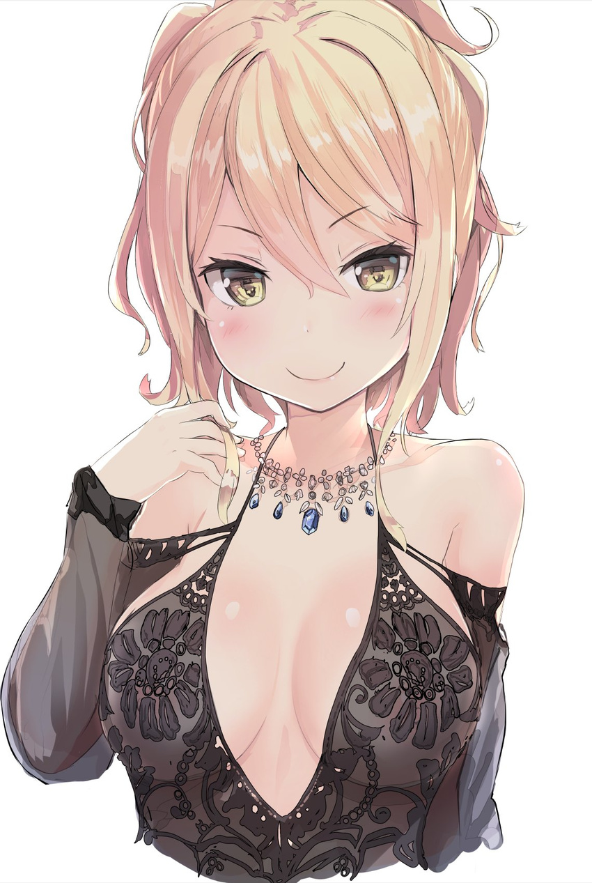 bare_shoulders black_dress blonde_hair blush breasts cleavage commentary_request dress hair_between_eyes highres isegawa_yasutaka jewelry long_hair looking_at_viewer medium_breasts necklace simple_background sketch smile solo upper_body white_background yellow_eyes