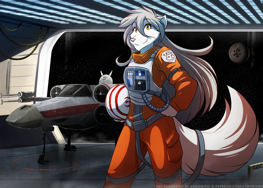anthro armor canine clothing female hair hangar helmet holding_object keidran ladder mammal monochrome pose raine sketch smile solo spacecraft spacesuit star_wars tom_fischbach twokinds uniform vehicle webcomic wolf x-wing