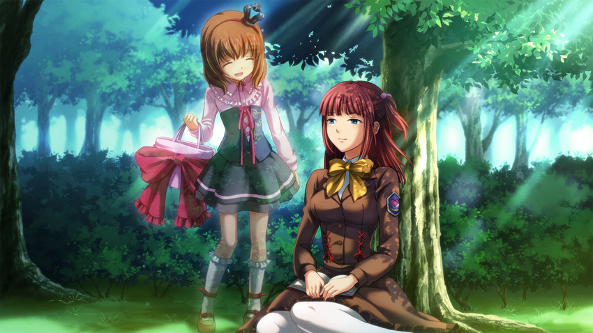 alliance_of_the_golden_witch artist_request bag bangs blue_eyes book bow breasts brown_hair closed_eyes corset cousins crown frills game_cg hair_bobbles hair_ornament highres kneehighs long_hair looking_at_another mary_janes medium_breasts mini_crown multiple_girls official_art open_mouth pantyhose red_hair school_uniform shirt shoes sitting skirt smile spirit sunlight tree two_side_up umineko_no_naku_koro_ni ushiromiya_ange ushiromiya_maria white_legwear