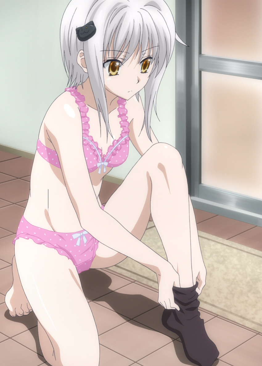 1girl black_socks bra cat_hair_ornament hair_ornament hairclip high_school_dxd kneeling panties short_hair silver_hair sitting small_breasts socks solo tagme toujou_koneko underwear