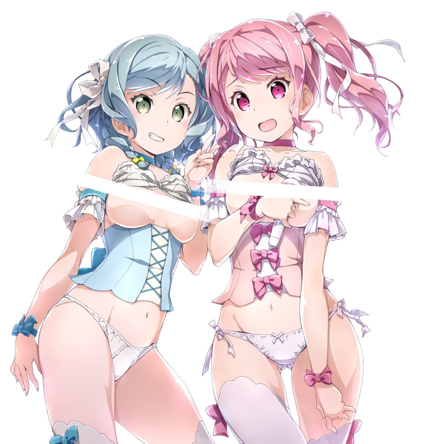 2girls :d akata_itsuki aqua_hair bang_dream! bangs bar_censor bare_shoulders blue_bow blue_choker blue_hair bow bow_bra bow_legwear bow_panties bra bra_lift braid breasts censored choker commentary_request contrapposto corset cowboy_shot crotch_seam detached_sleeves eyebrows_visible_through_hair frills gluteal_fold green_eyes grin hair_bow hair_ribbon highres hikawa_hina holding holding_microphone long_hair looking_at_viewer maruyama_aya medium_breasts microphone multiple_girls navel no_pants open_mouth panties pastel_palettes pink_bow pink_bra pink_choker pink_eyes pink_hair pink_panties ribbon short_hair side-by-side side-tie_panties side_braids simple_background smile standing thigh_gap thighhighs thighs twin_braids twintails underwear v white_background white_bra white_legwear white_panties white_ribbon wrist_bow yellow_bow
