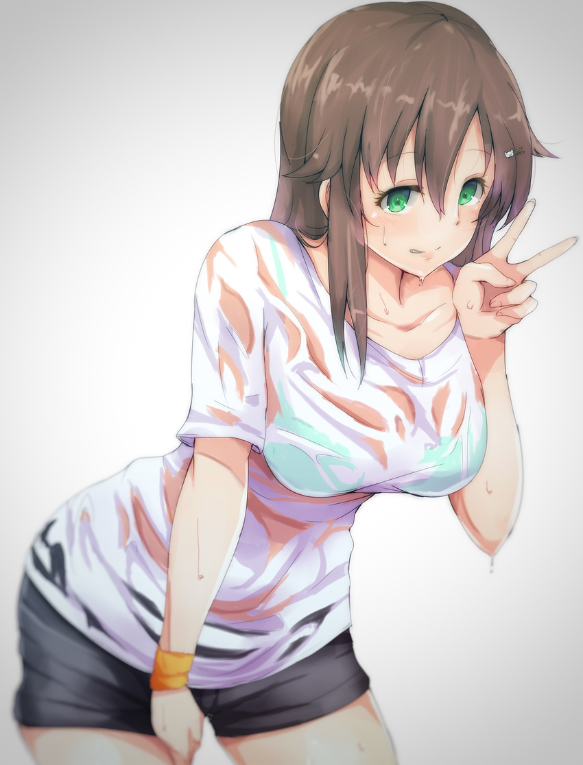 aqua_bra bra breasts brown_hair green_eyes hair_between_eyes hair_ornament hairclip highres himekawa_yuki idolmaster idolmaster_cinderella_girls leaning_forward lips long_hair looking_at_viewer medium_breasts open_mouth ryuu. see-through shirt shorts solo thighs underwear v wet wet_clothes wet_shirt white_shirt