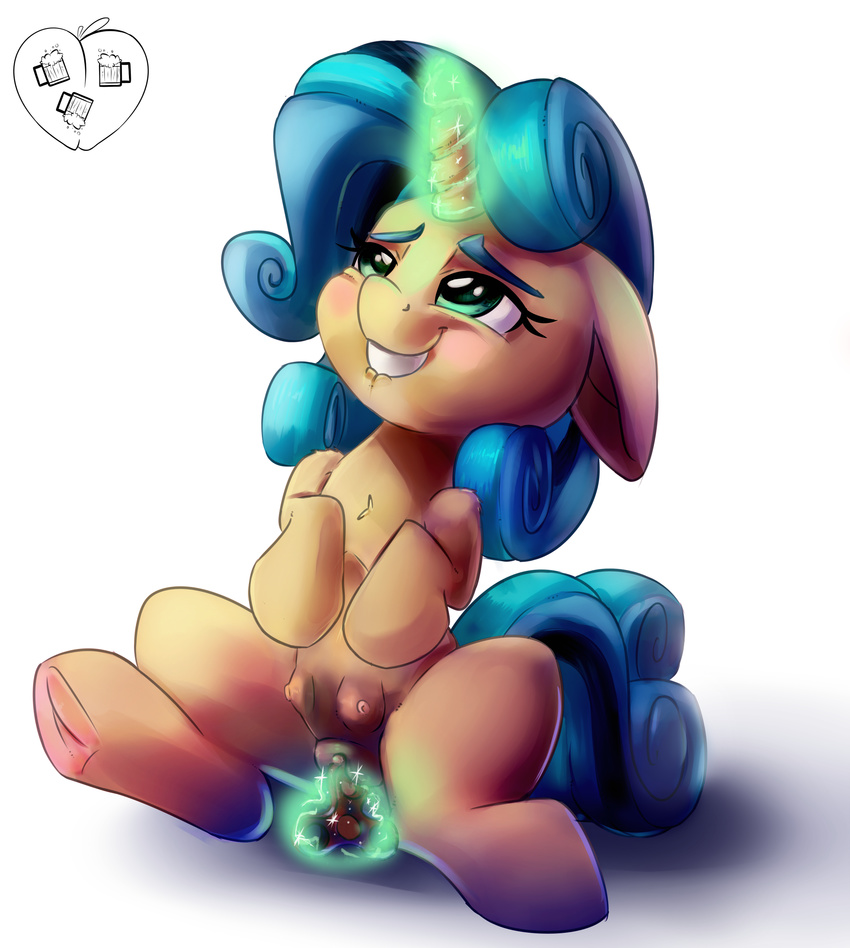 2017 biting_lip blue_hair blush clitoris equine fan_character female feral fidget_spinner glowing hair hi_res hooves horn improvised_sex_toy magic mammal my_little_pony oddciders pussy simple_background solo teats unicorn white_background