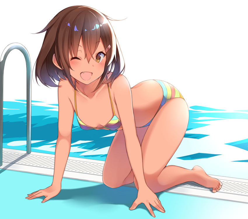 ;d absurdres all_fours arm_support bangs bare_arms bare_legs bare_shoulders barefoot bikini blush breasts brown_eyes brown_hair collarbone commentary_request drain_(object) dripping eyebrows_visible_through_hair hair_between_eyes hair_ornament hairclip highres ikazuchi_(kantai_collection) kantai_collection looking_at_viewer matsunoki_(unknown_751) multicolored multicolored_bikini multicolored_clothes multicolored_stripes one_eye_closed open_mouth pool pool_ladder poolside short_hair small_breasts smile solo striped striped_bikini swimsuit tareme water water_drop wet wet_hair
