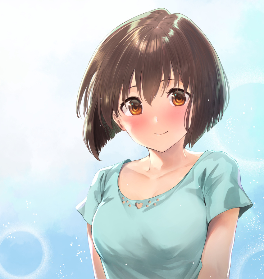 aqua_shirt bangs blue_shirt blush bob_cut breasts brown_eyes brown_hair close-up collarbone furukawa_itsuse hagiwara_yukiho hair_between_eyes head_tilt heart_cutout highres idolmaster idolmaster_(classic) looking_at_viewer medium_breasts shirt short_hair short_sleeves smile solo upper_body