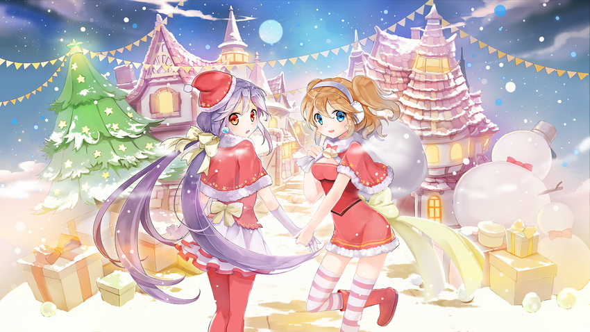 bell blue_eyes blush bow breasts brown_hair cleavage eyebrows_visible_through_hair gift hair_bow highres large_breasts long_hair looking_at_viewer multiple_girls open_mouth original pink_legwear purple_hair red_legwear red_ribbon ribbon short_hair sibyl smile snow snowing snowman striped striped_legwear thighhighs twintails wallpaper yellow_bow