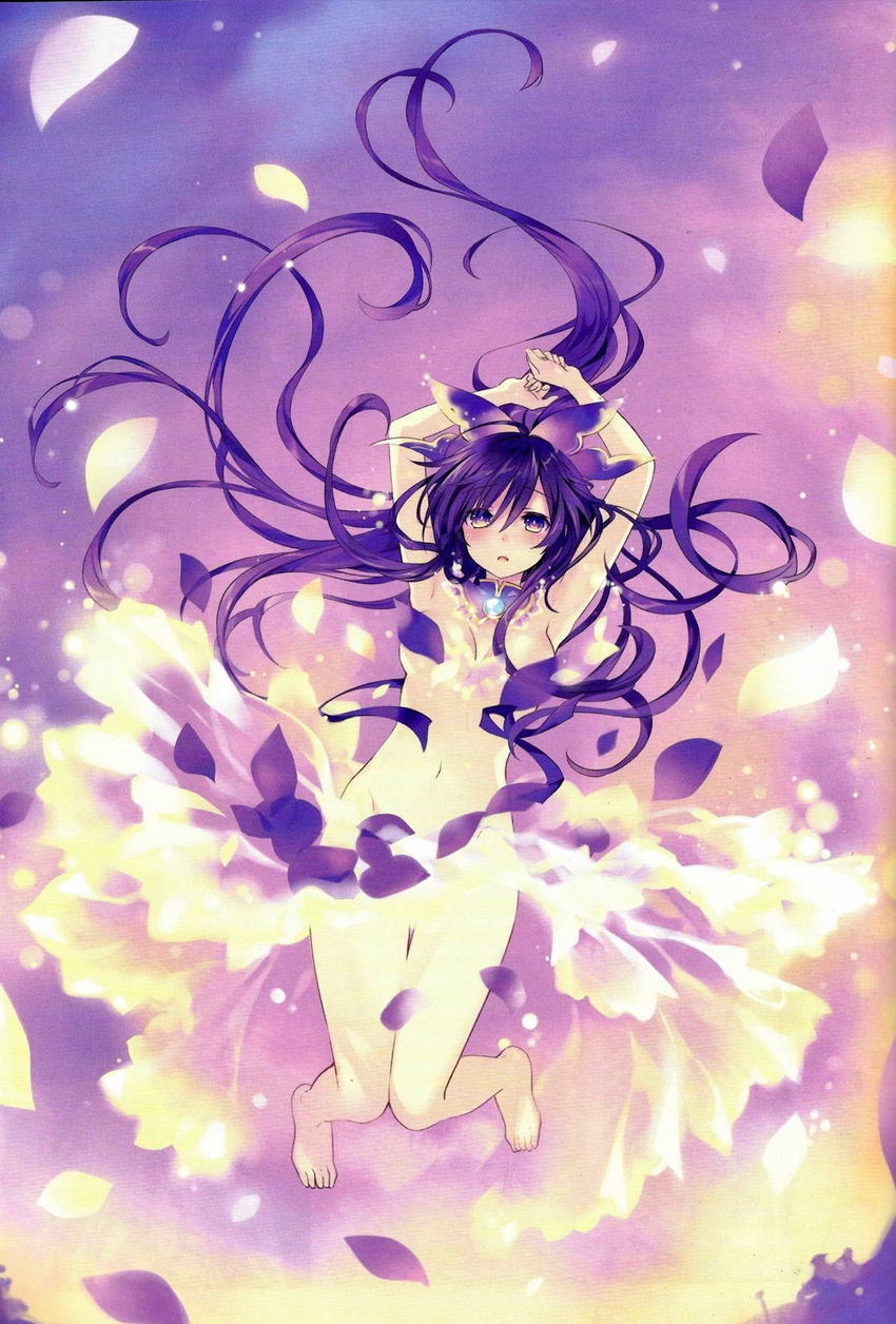 armpits bangs barefoot blush bow breasts convenient_censoring date_a_live detached_collar eyebrows_visible_through_hair gradient gradient_background hair_bow highres long_hair medium_breasts navel nude official_art open_mouth petals purple_background purple_eyes purple_hair scan simple_background solo tsunako very_long_hair yatogami_tooka