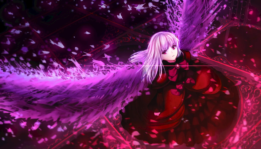 bow dress gothic_lolita highres k_(anime) kushina_anna lolita_fashion long_hair looking_at_viewer parted_lips pekakiu petals red_bow red_dress red_eyes silver_hair solo standing wings