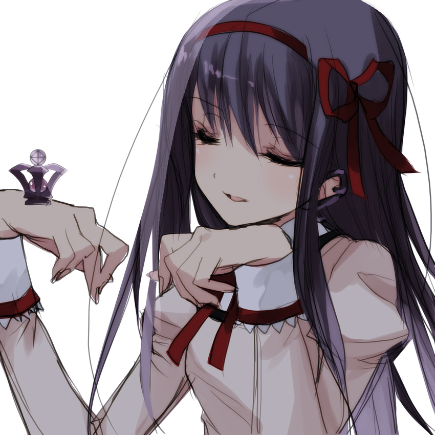 absurdres akemi_homura arms_up bad_id bad_pixiv_id bangs bow drill_hair ears_visible_through_hair eyebrows_visible_through_hair fingernails hair_bow hairband hands_up highres long_hair looking_at_hands mahou_shoujo_madoka_magica misteor multicolored_shirt open_mouth purple_hair red_bow red_hairband school_uniform sketch solo tied_hair twintails white_background