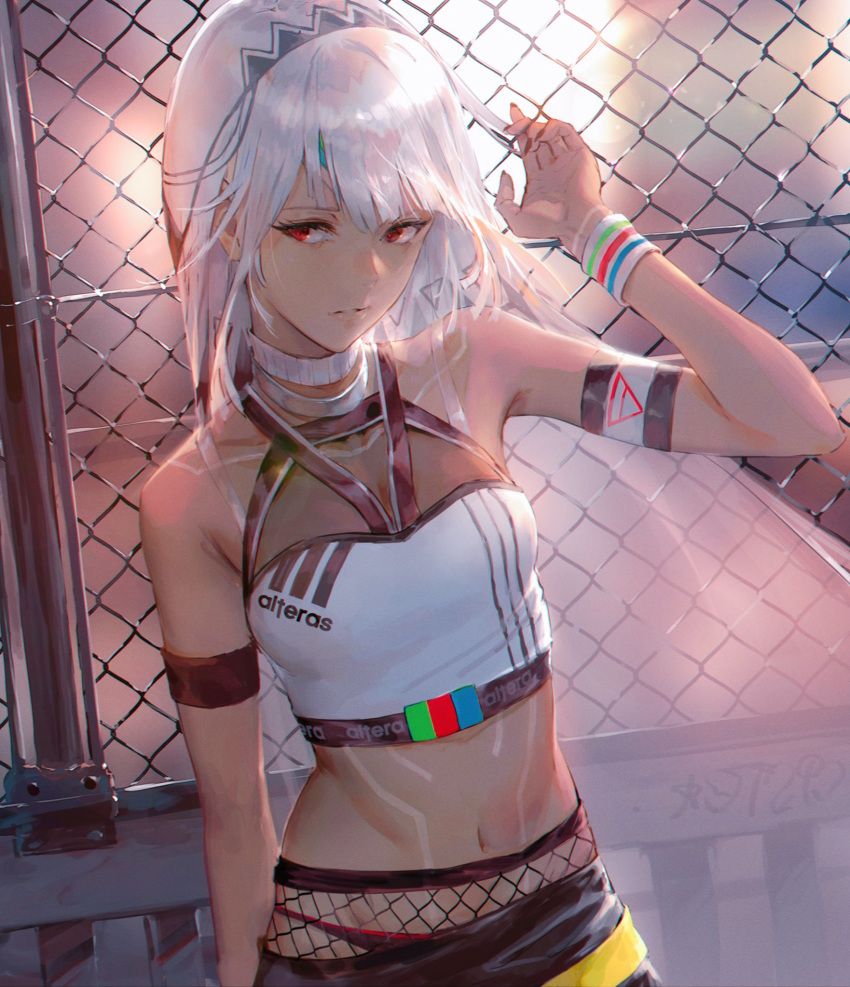 1girl adjusting_hair altera_(fate) armlet bangs bare_shoulders black_nails breasts chain-link_fence commentary_request crop_top dark_skin fate/grand_order fate_(series) fence fishnets full_body_tattoo headdress highres leaning_back midriff nail_polish navel parted_lips red_eyes revealing_clothes shogo_(shogo) small_breasts stomach tan tattoo veil white_hair