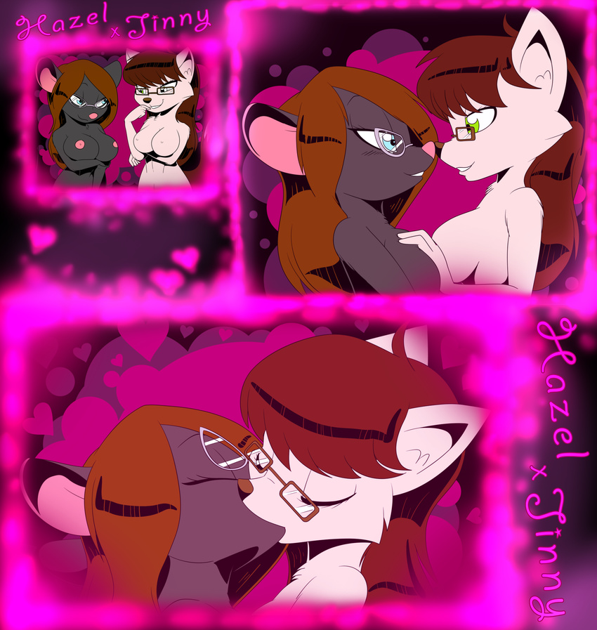 animal_humanoid brown_hair carrot_kingdom cat_humanoid eskimo_kiss eyewear feline female female/female glasses hair hazel humanoid jinny kissing mammal maomaogames mouse nuzzling rodent