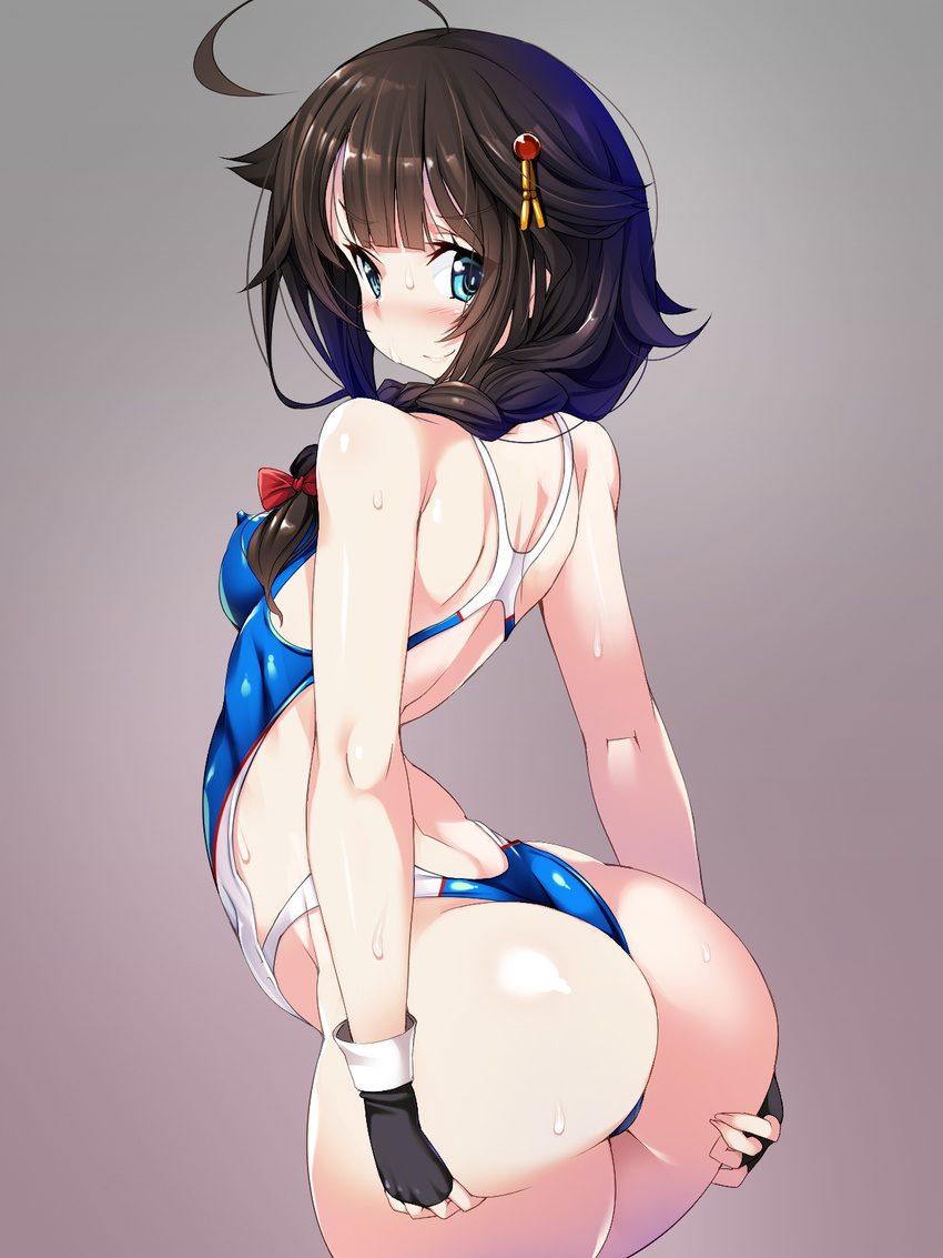 ahoge anatomical_nonsense ass bad_anatomy black_hair blue_eyes braid competition_swimsuit covered_nipples eyebrows_visible_through_hair gloves gradient gradient_background highleg highres impossible_clothes kantai_collection long_hair looking_at_viewer looking_back one-piece_swimsuit remodel_(kantai_collection) shigure_(kantai_collection) smile solo swimsuit torisan