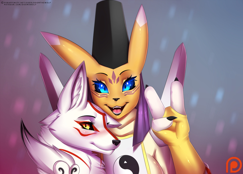 2017 amaterasu anthro black_sclera blue_eyes blush canine claws clothing crossover deity digimon doomthewolf duo facial_tattoo female fox fur headdress looking_at_viewer mammal open_mouth open_smile patreon smile taomon tattoo v_sign video_games white_fur wolf yellow_eyes yellow_fur ōkami