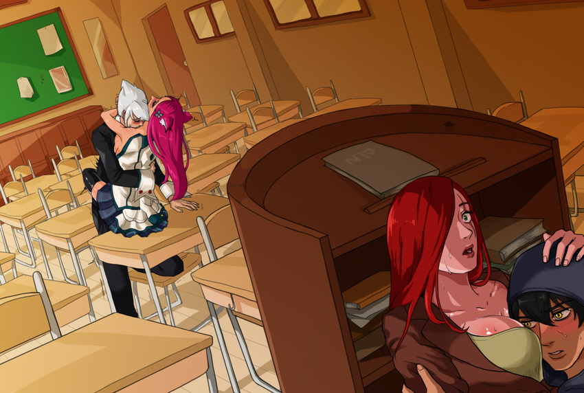 2boys 2girls academy_ahri ahri blush breast_press breast_smother classroom cleavage clothed_sex eyes_closed fox_ears fox_girl hetero hiding highres hug indoors katarina_du_couteau league_of_legends multiple_boys multiple_girls neck_kiss on_table school school_uniform sex skirt spread_legs straddling suspended_congress sweat sweatdrop talon_(league_of_legends) unbuttoned undressing vladimir