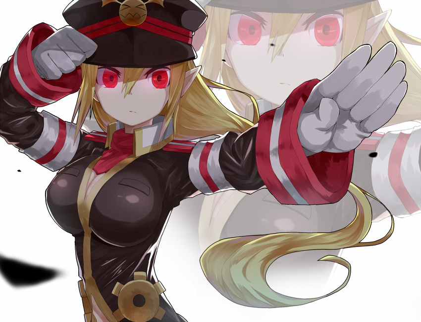 armband backlighting black_hat black_jacket blonde_hair blurry breasts cleavage clenched_hand closed_mouth commentary_request depth_of_field disgaea expressionless gloves gold_trim hair_between_eyes hat jacket large_breasts long_hair long_sleeves looking_at_viewer makai_senki_disgaea military military_hat military_jacket military_uniform narrow_waist outstretched_arm outstretched_hand peaked_cap pointy_ears red_eyes salvatore_(disgaea) simple_background sleeve_cuffs solo twintails uniform upper_body very_long_hair white_background white_gloves yamato_(muchuu_paradigm) zoom_layer