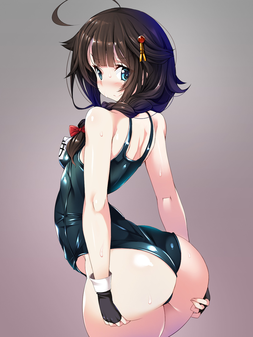 ahoge anatomical_nonsense ass bad_anatomy black_hair blue_eyes blue_swimsuit braid covered_nipples gloves gradient gradient_background highleg highres impossible_clothes kantai_collection long_hair looking_at_viewer looking_back name_tag one-piece_swimsuit remodel_(kantai_collection) school_swimsuit shigure_(kantai_collection) smile solo swimsuit torisan