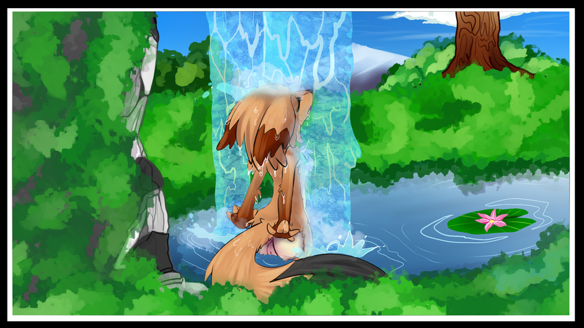 anus canine cub erin_cho_(character) fan_character female fox freedom_planet lily_pad magnamattmew_(artist) mammal mountain plant pussy simple_background tree video_games waterfall white_crest young