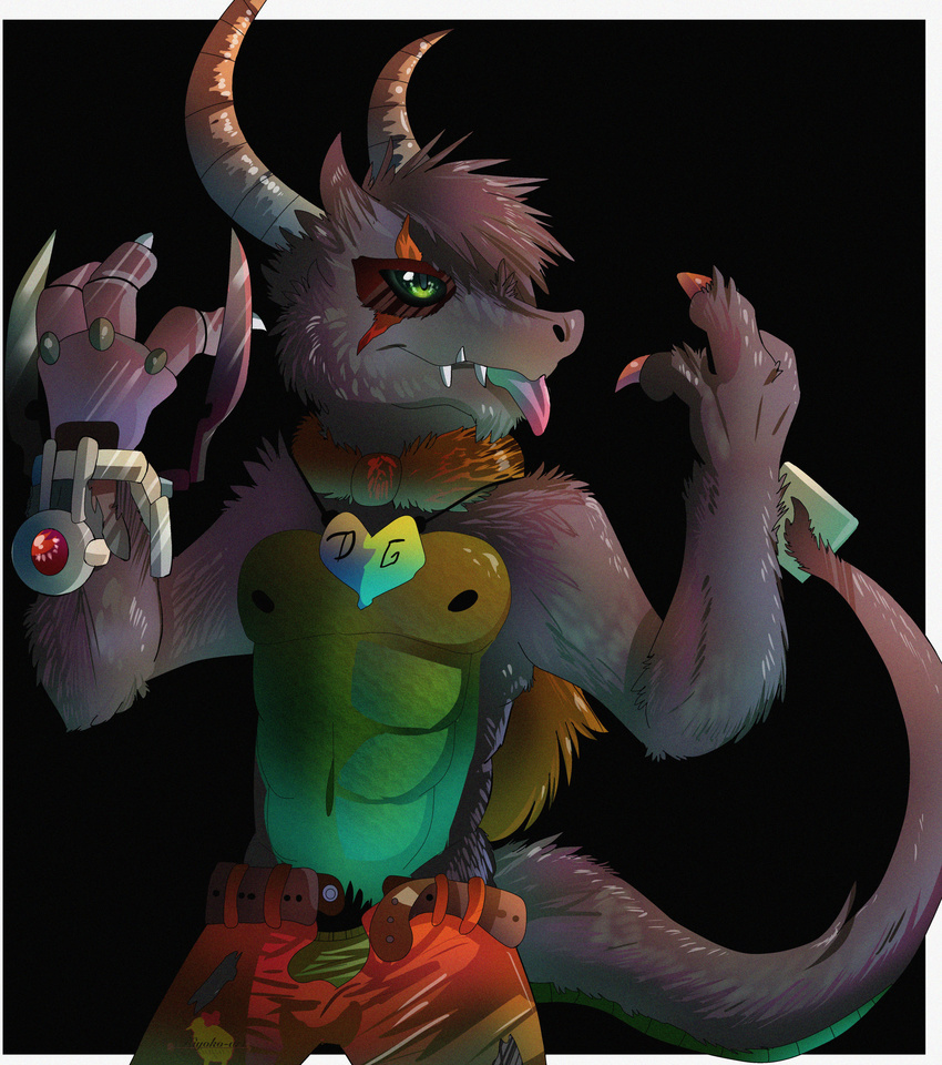 2017 absurd_res anthro claws clothed clothing digimon dragon fan_character fangs green_eyes hair hi_res hiyoko horn jewelry lizard male metal necklace reptile scalie simple_background tongue