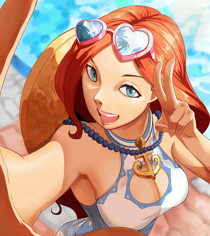 absurdres arm_up armpits blue_eyes breasts cleavage cleavage_cutout league_of_legends lipstick looking_at_viewer necklace pool_party_miss_fortune pose red_hair sarah_fortune self_shot smile sunglasses swimsuit v