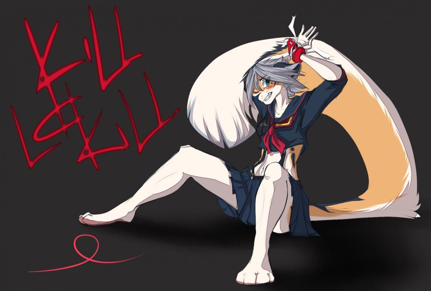 5_fingers barefoot clothed clothing feline female grey_hair hair kill_la_kill mammal midriff rikitoka simple_background tiger tirer tora