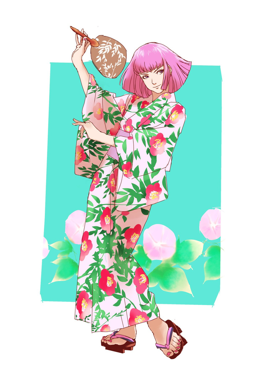 fang floral_background floral_print gundam gundam_zz haman_karn highres japanese_clothes kimono looking_at_viewer pink_hair short_hair smile solo teikoku_jokyoku zeta_gundam