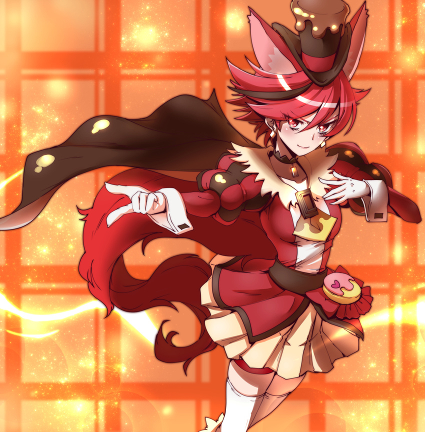 animal_ears brown_cape cape choker cure_chocolat dog_ears dog_tail earrings extra_ears gloves hat highres jewelry kenjou_akira kirakira_precure_a_la_mode looking_at_viewer magical_girl precure red_eyes red_hair short_hair skirt smile solo sumiosmith tail thighhighs white_gloves white_legwear