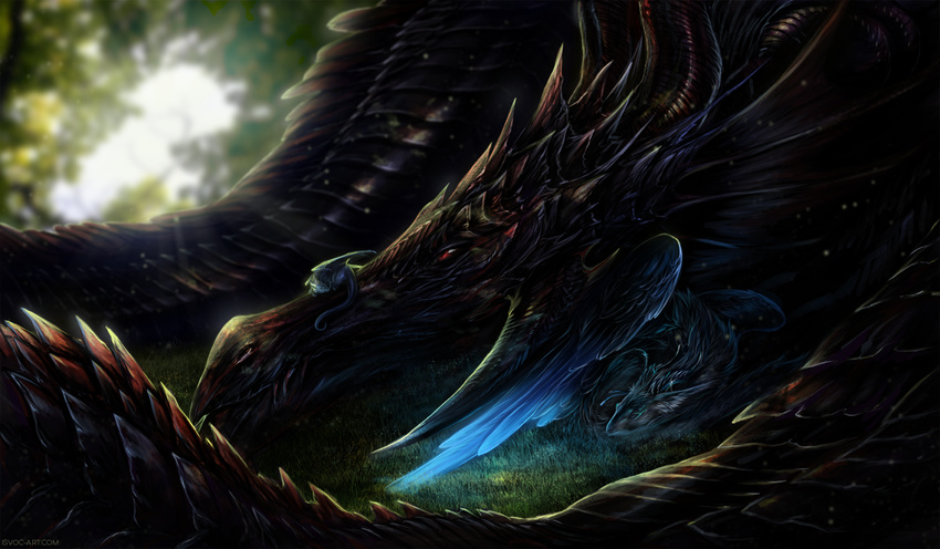 avelos black_scales blue_feathers blue_fur curved_horn day detailed_background dragon feathered_dragon feathered_wings feathers feral fur furred_dragon group horn isvoc lying outside red_eyes scales wings young
