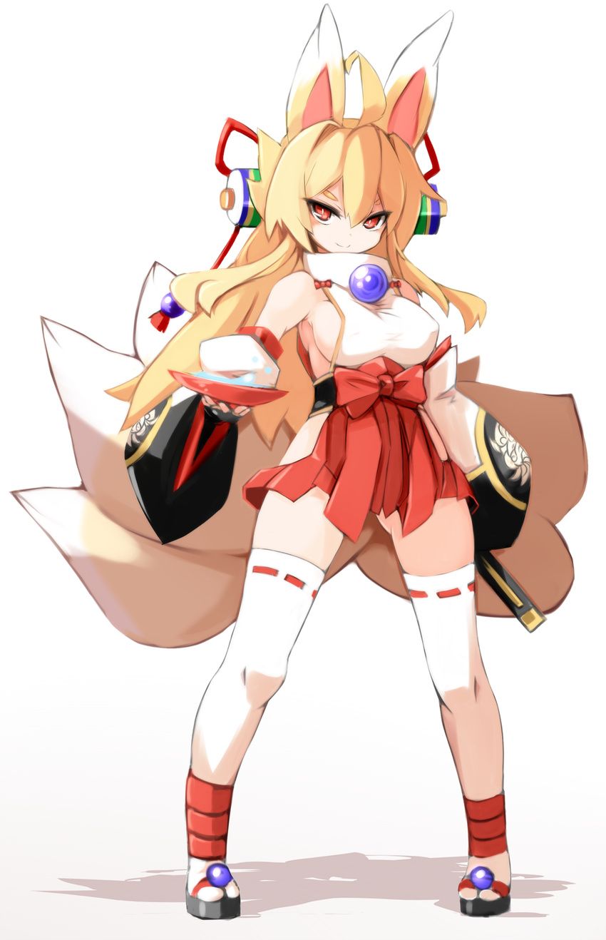 ahoge animal_ears ass_visible_through_thighs bare_shoulders blonde_hair breasts commentary_request fingerless_gloves fox_ears fox_tail full_body gloves gradient gradient_background groin hair_between_eyes hakama_skirt hand_on_hip highres hip_vent holding izuna_(shinrabanshou) karukan_(monjya) large_breasts long_hair multiple_tails no_panties red_eyes ribbon-trimmed_legwear ribbon_trim sandals shinrabanshou side_slit sideboob simple_background smile solo sword tabi tail thighhighs turtleneck weapon white_legwear