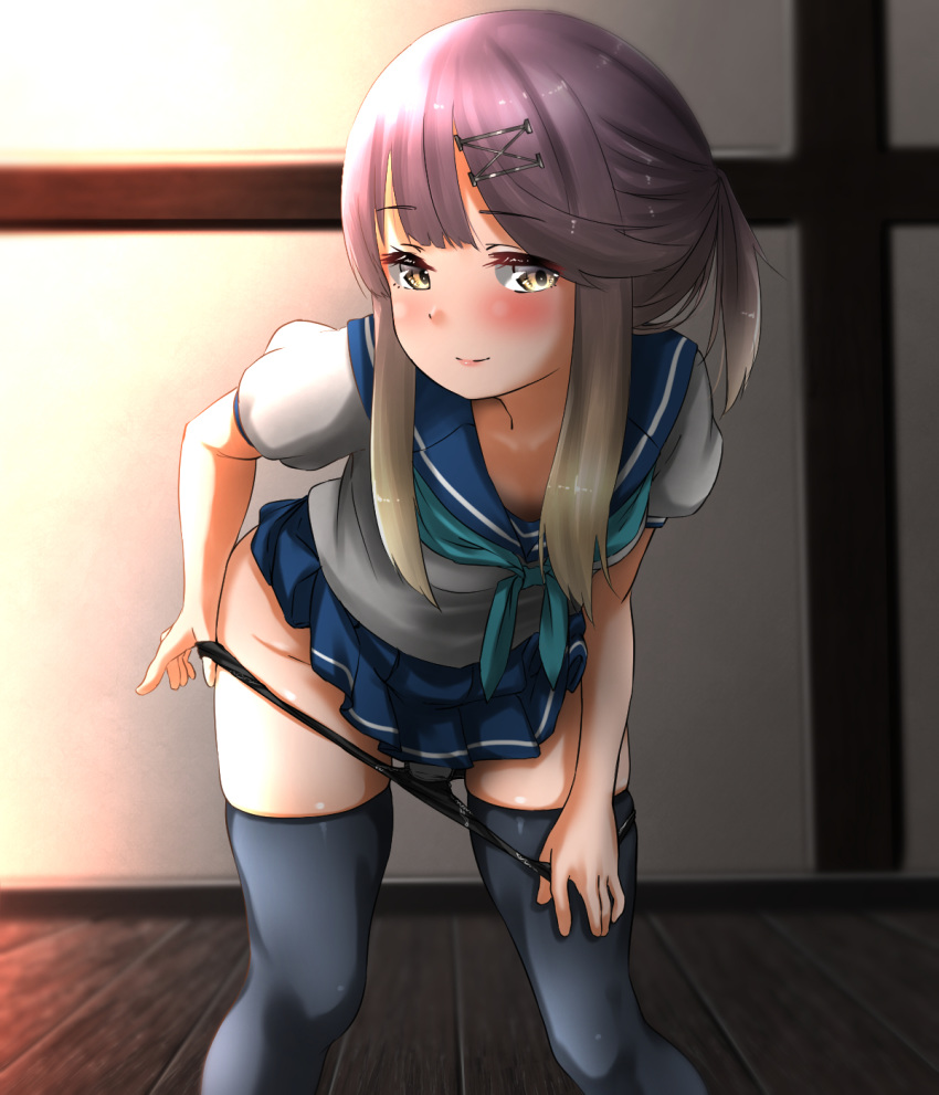 1girl black_legwear blonde_hair blue_neckwear blue_ribbon blue_skirt blush closed_mouth gradient_hair highres kantai_collection lifted_by_self long_hair looking_at_viewer multicolored_hair neckerchief panties panty_pull pleated_skirt puffy_short_sleeves puffy_sleeves purple_eyes purple_hair ribbon school_uniform serafuku short_hair short_sleeves sidelocks skirt skirt_lift smile tama_(seiga46239239) tareme thighhighs tsushima_(kantai_collection) underwear