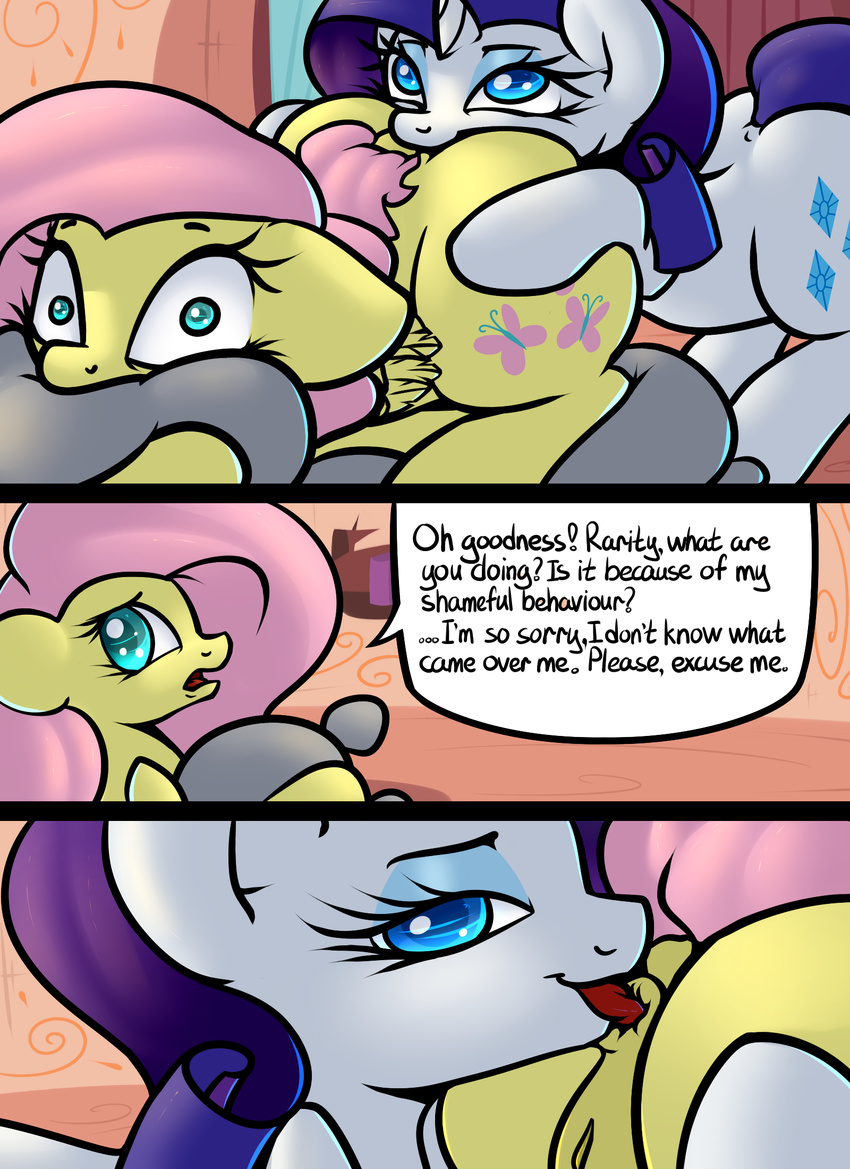 anal anus big_butt butt comic english_text equine female female/female feral fluttershy_(mlp) friendship_is_magic horn mammal my_little_pony oral pegasus pussy rarity_(mlp) rimming sex slavedemorto text unicorn wings