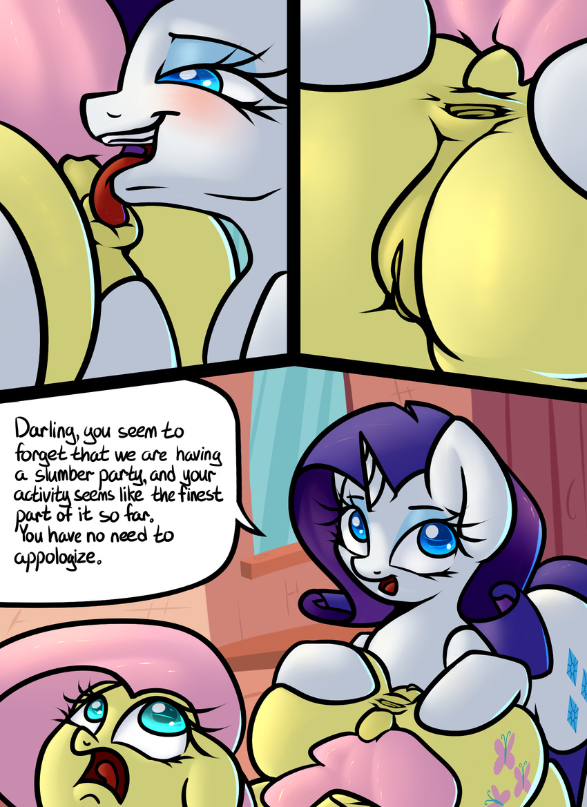 anal anus big_butt butt comic english_text equine female female/female feral fluttershy_(mlp) friendship_is_magic horn mammal my_little_pony oral pegasus pussy rarity_(mlp) rimming sex slavedemorto text unicorn wings
