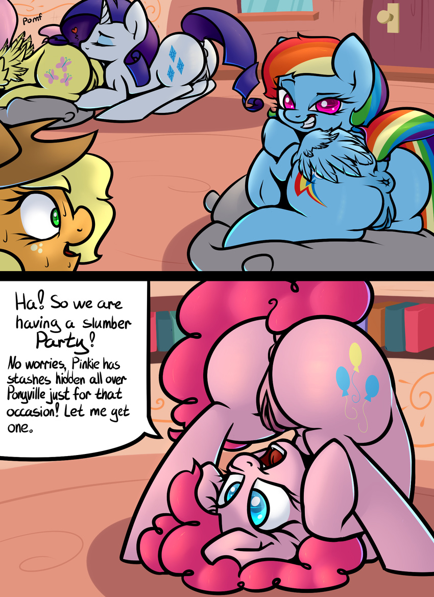 anal anus applejack_(mlp) big_butt butt comic earth_pony english_text equine female female/female feral fluttershy_(mlp) friendship_is_magic horn horse inviting mammal my_little_pony oral pegasus pinkie_pie_(mlp) pony pussy rainbow_dash_(mlp) rarity_(mlp) rimming seductive sex slavedemorto sweat text unicorn wings