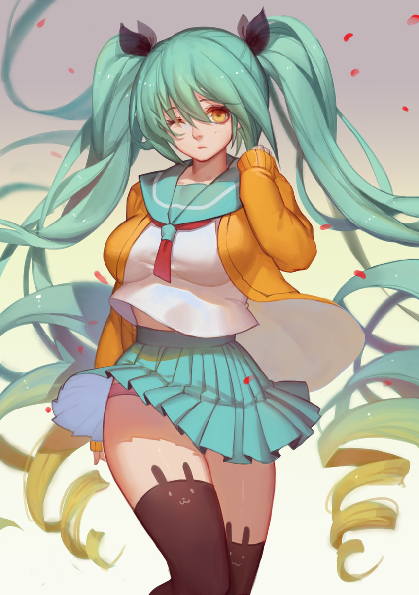 ;( absurdres aqua_skirt bangs black_legwear black_ribbon blonde_hair breasts cardigan closed_mouth cowboy_shot drill_hair gradient_hair green_hair hair_ribbon highres large_breasts league_of_legends long_hair looking_at_viewer multicolored_hair open_cardigan open_clothes paid_reward panties pantyshot pantyshot_(standing) patreon_reward pink_panties pleated_skirt ribbon school_uniform serafuku skirt solo sona_buvelle songjikyo standing thighhighs twin_drills twintails underwear wind wind_lift yellow_eyes