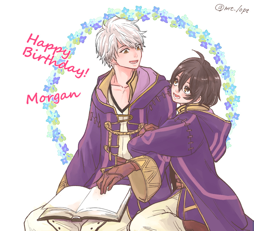 ahoge black_hair blush father_and_daughter fire_emblem fire_emblem:_kakusei fire_emblem_heroes gloves hood hug jacket male_my_unit_(fire_emblem:_kakusei) mark_(female)_(fire_emblem) mark_(fire_emblem) my_unit_(fire_emblem:_kakusei) nezumoto open_mouth short_hair smile yellow_eyes