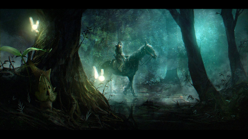 dark fairy forest horse horseback_riding korok letterboxed link nature outdoors riding scenery the_legend_of_zelda the_legend_of_zelda:_breath_of_the_wild tree volvox819