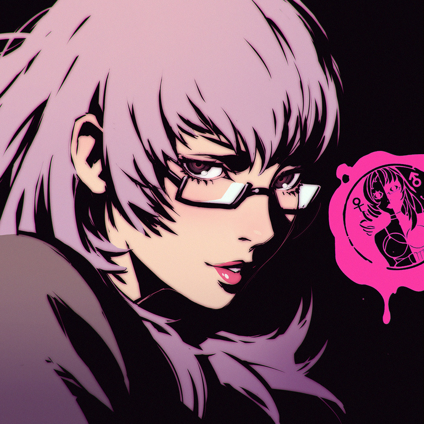 1girl catherine_(game) flat_color glasses ilya_kuvshinov katherine_mcbride lips lipstick long_hair looking_at_viewer makeup official_style portrait semi-rimless_glasses smile solo under-rim_glasses