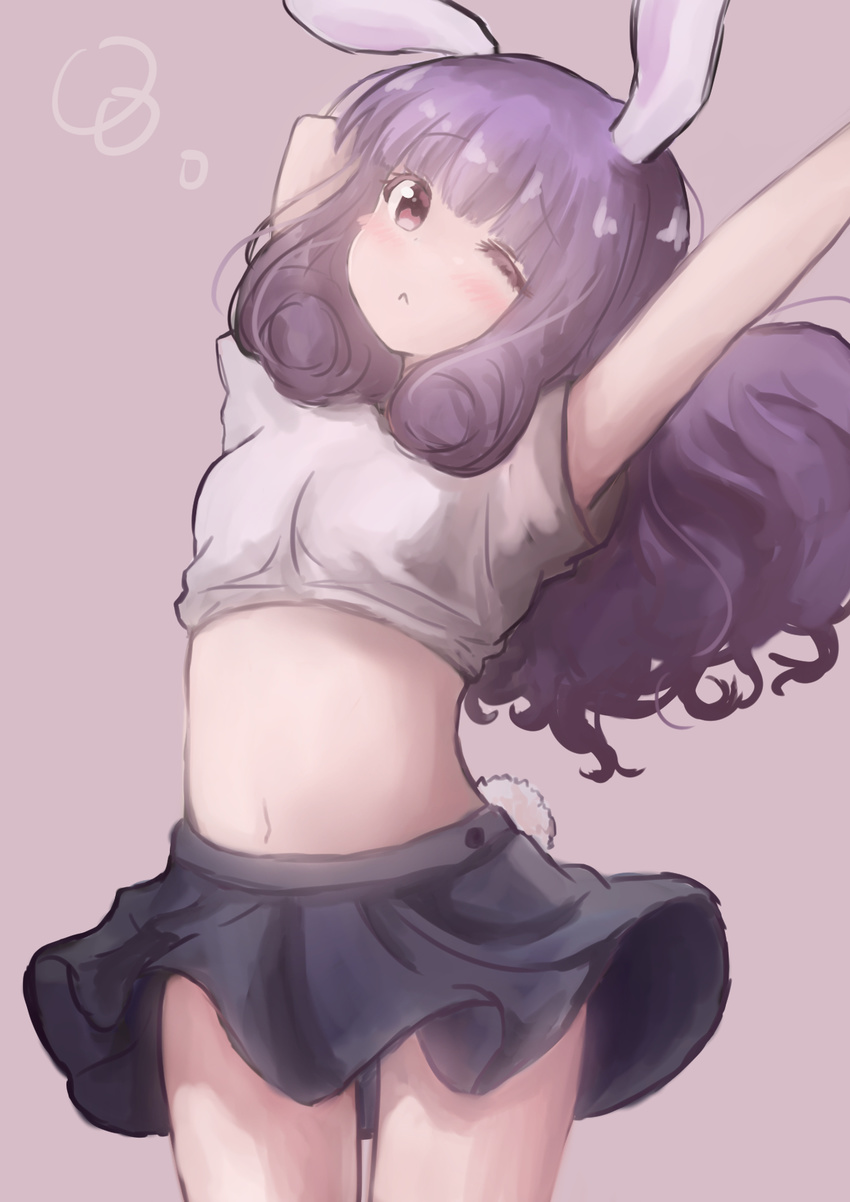 ;&lt; animal_ears bangs blunt_bangs blush bunny_ears bunny_tail chuchu_(show_by_rock!!) cowboy_shot curly_hair eyelashes highres long_hair looking_at_viewer maka_neko midriff miniskirt navel one_eye_closed purple_hair shirt show_by_rock!! simple_background sketch skirt solo stretch t-shirt tail