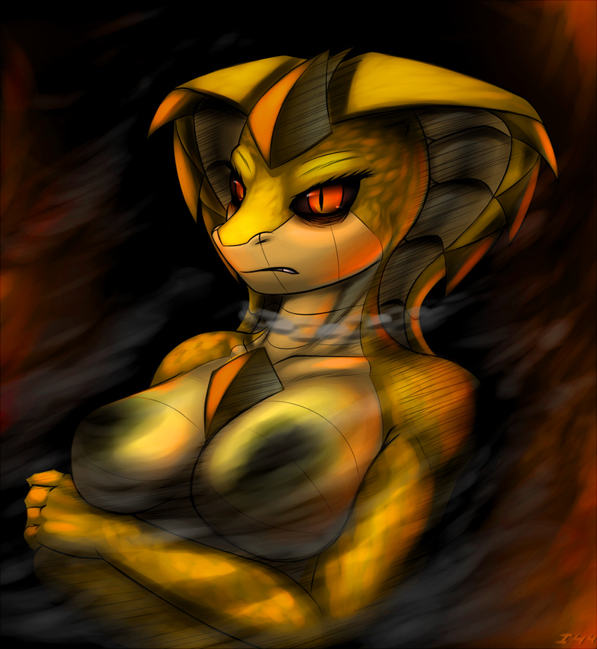 alien amber_eyes anthro arcaya(ionic44) big_breasts breasts cobra female fire frown hi_res ionic44 nude reptile scales scalie signature slit_pupils smoke snake snake_hood solo
