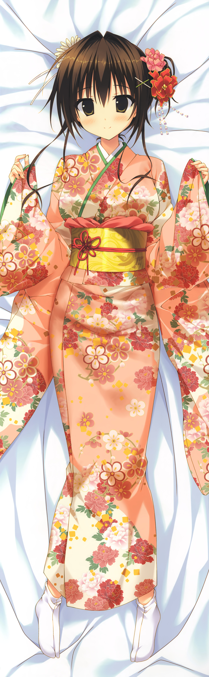 absurdres bangs bed_sheet blush brown_eyes brown_hair closed_mouth dakimakura eyebrows_visible_through_hair fingernails floral_print flower flower_knot from_above full_body hair_between_eyes hair_bun hair_flower hair_ornament hairclip hands_up highres huge_filesize imouto_no_seiiki japanese_clothes kimono long_sleeves looking_at_viewer lying nase_yukana obi on_back pink_flower pink_kimono print_kimono red_flower ryouka_(suzuya) sash shiny shiny_hair short_hair sleeves_past_wrists smile solo tabi wide_sleeves x_hair_ornament