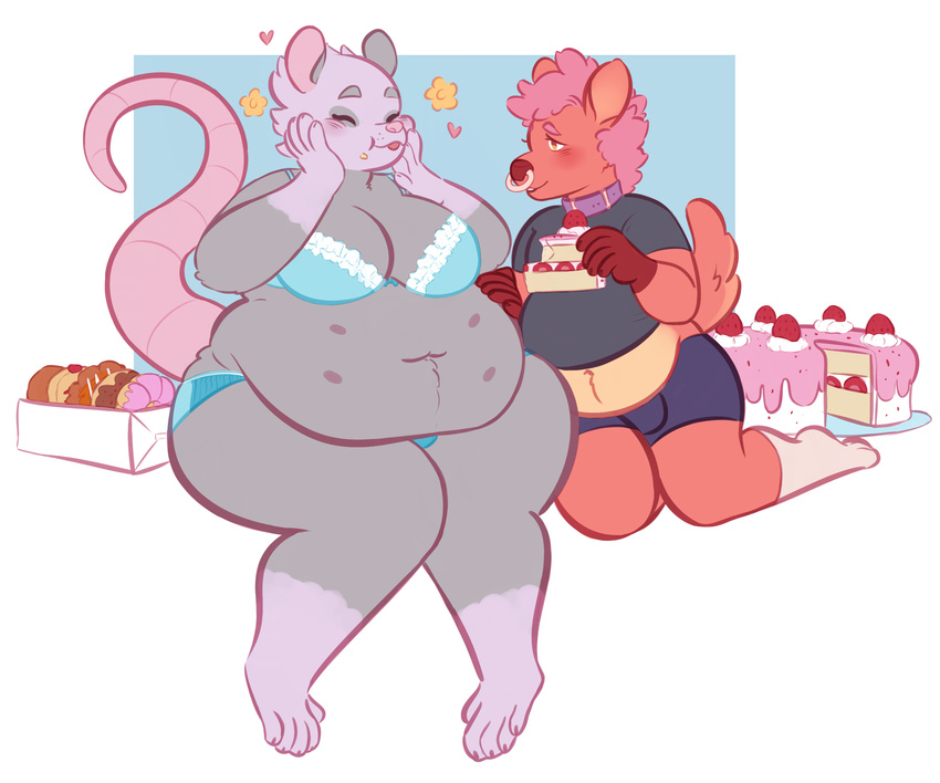 &lt;3 anthro blush bra cake caprine clothed clothing duo facial_piercing female food male mammal mochi-squish mouse nose_piercing obese overweight piercing rodent sheep smile underwear